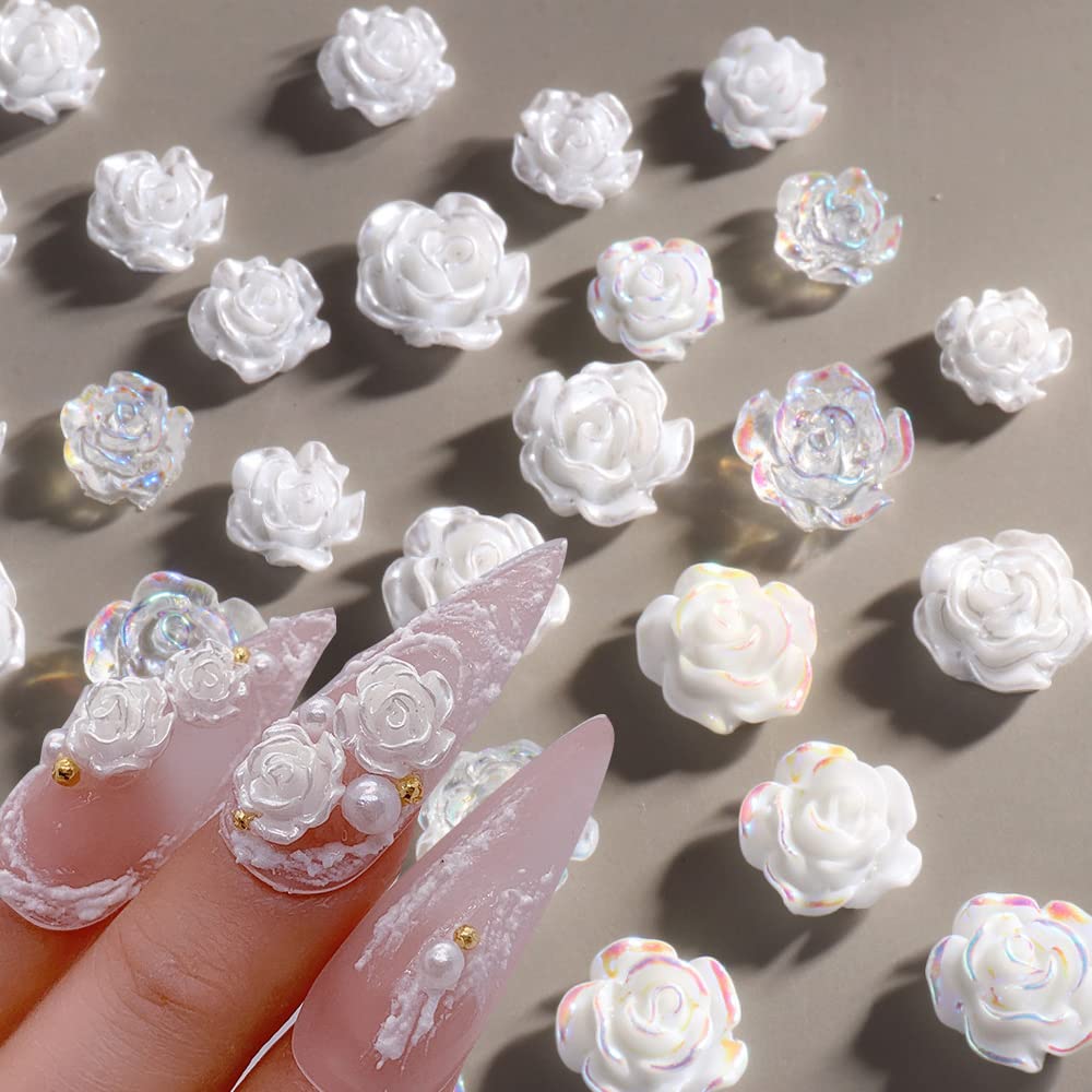 UARUOGP 90 Pcs 5D Mixed White Flower Camellia Nail Art Set and 900 Pcs 3D Nail Art Supplies Round Pearls Caviar Beads Nails Charms Tips Glitter