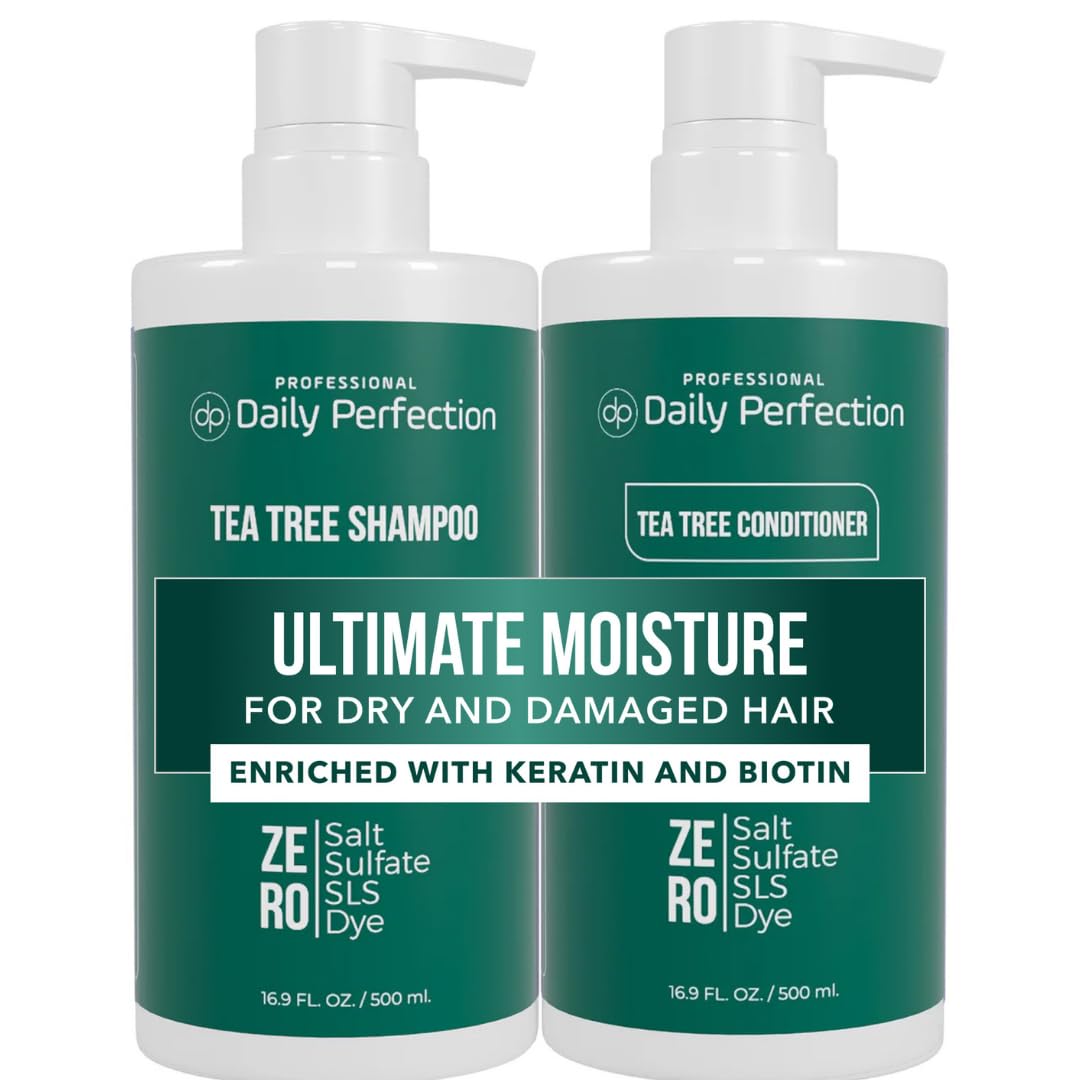 Daily Perfection Tea Tree Shampoo and Conditioner Set - Ultimate Moisture Hair Care Duo with Biotin and Keratin for Dry and Damaged Hair - Salt