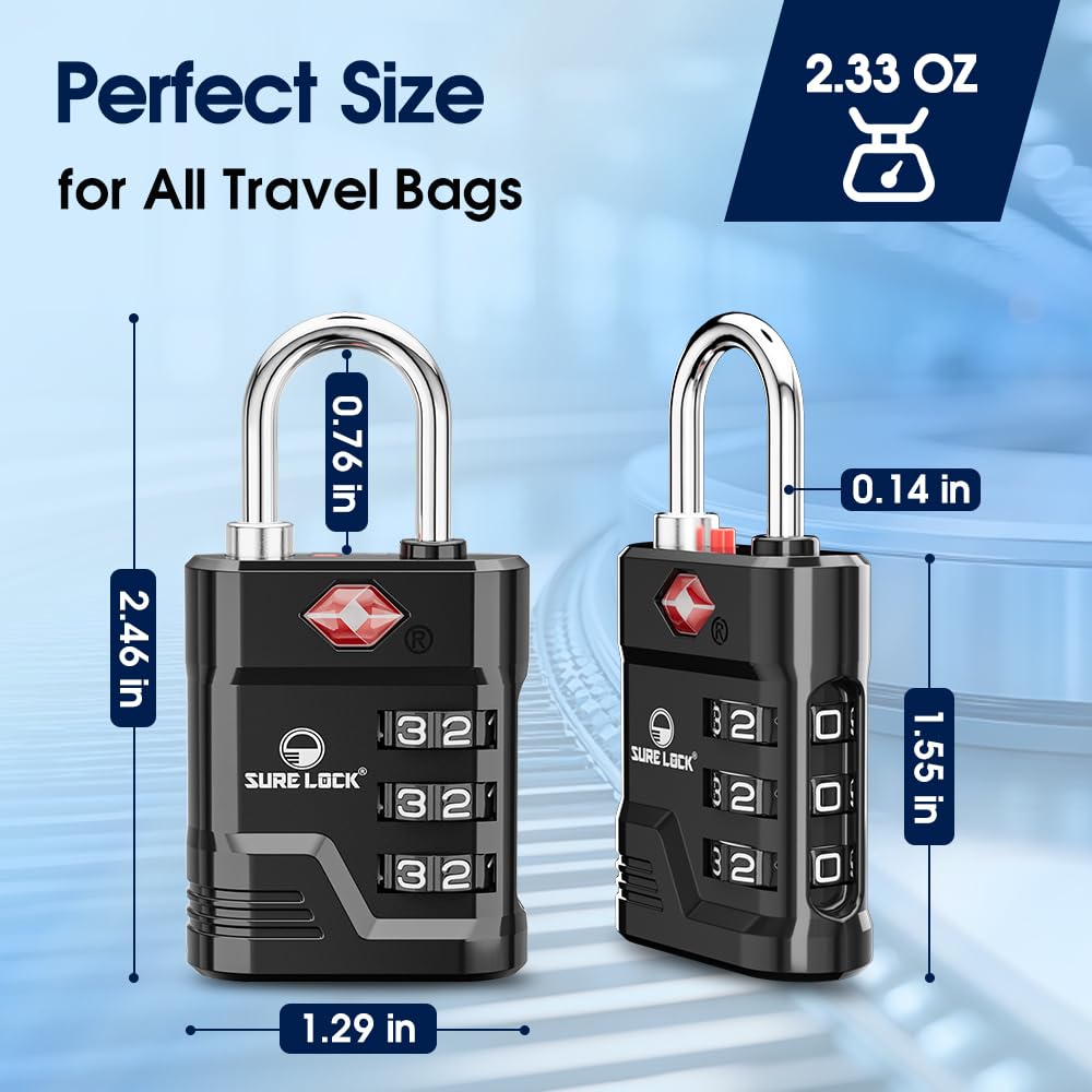SURE LOCK TSA Approved Luggage Locks 2 Pack – High Security TSA008 with Open Alert, Easy-Read Dials, Zinc Alloy Padlocks for Suitcases & Gym (Black)