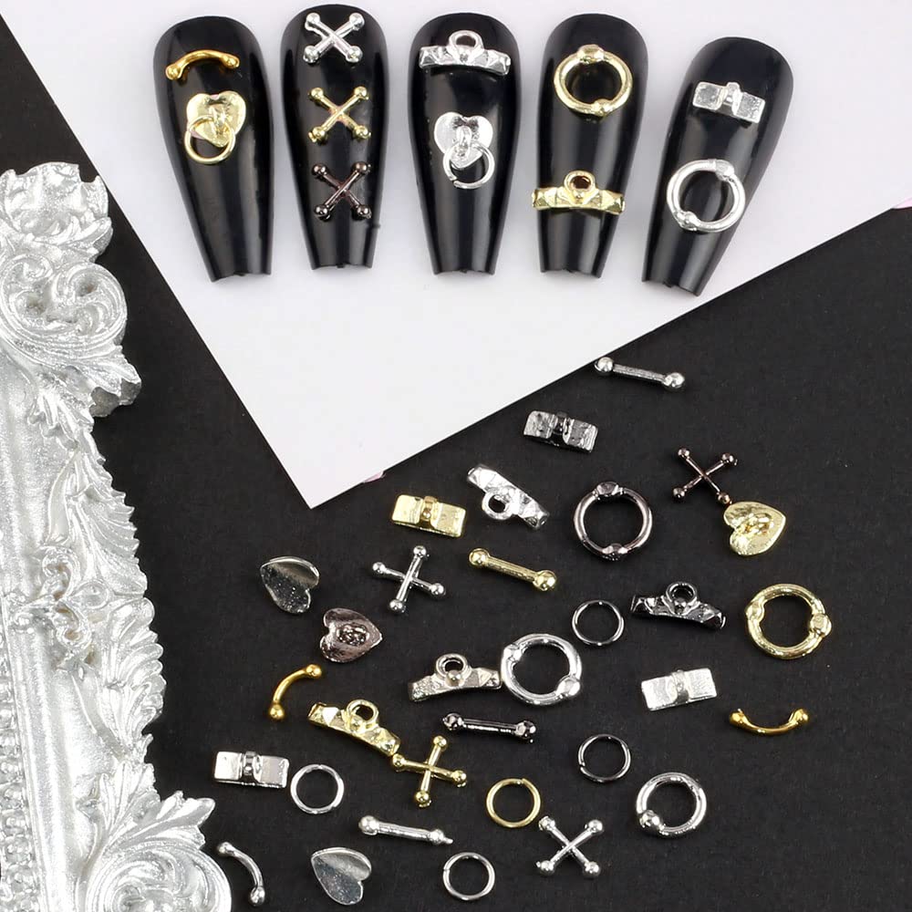 Dornail 30pcs Vintage Punk Alloy Nail Charms 3D Cross Nail Charm Hollow Hanging Rings Latch Metal Nail Art Charms for Nails Jewelry Gothic Design Nail