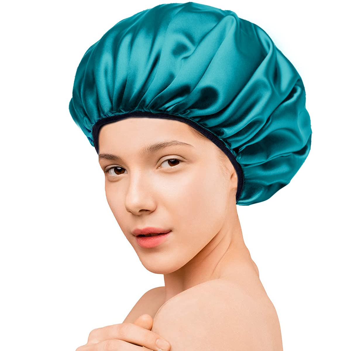 Aquior Shower Cap,Extra Large Triple Layer Bathing Cap with Dry Hair Function for Women Microfiber Terry Cloth Silky Satin 100% Waterproof Reusable