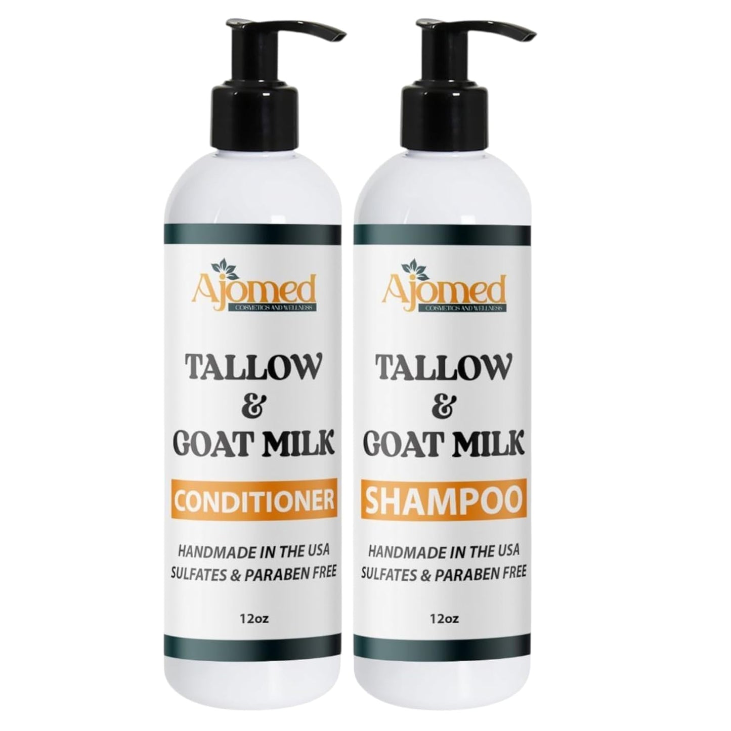 AJOMED Cosmetics Goat Milk and Tallow Shampoo and Conditioner SET - Hair Care for Dry, Damaged Split Ends - Silicone, Paraben, Sulfate Free Shampoo