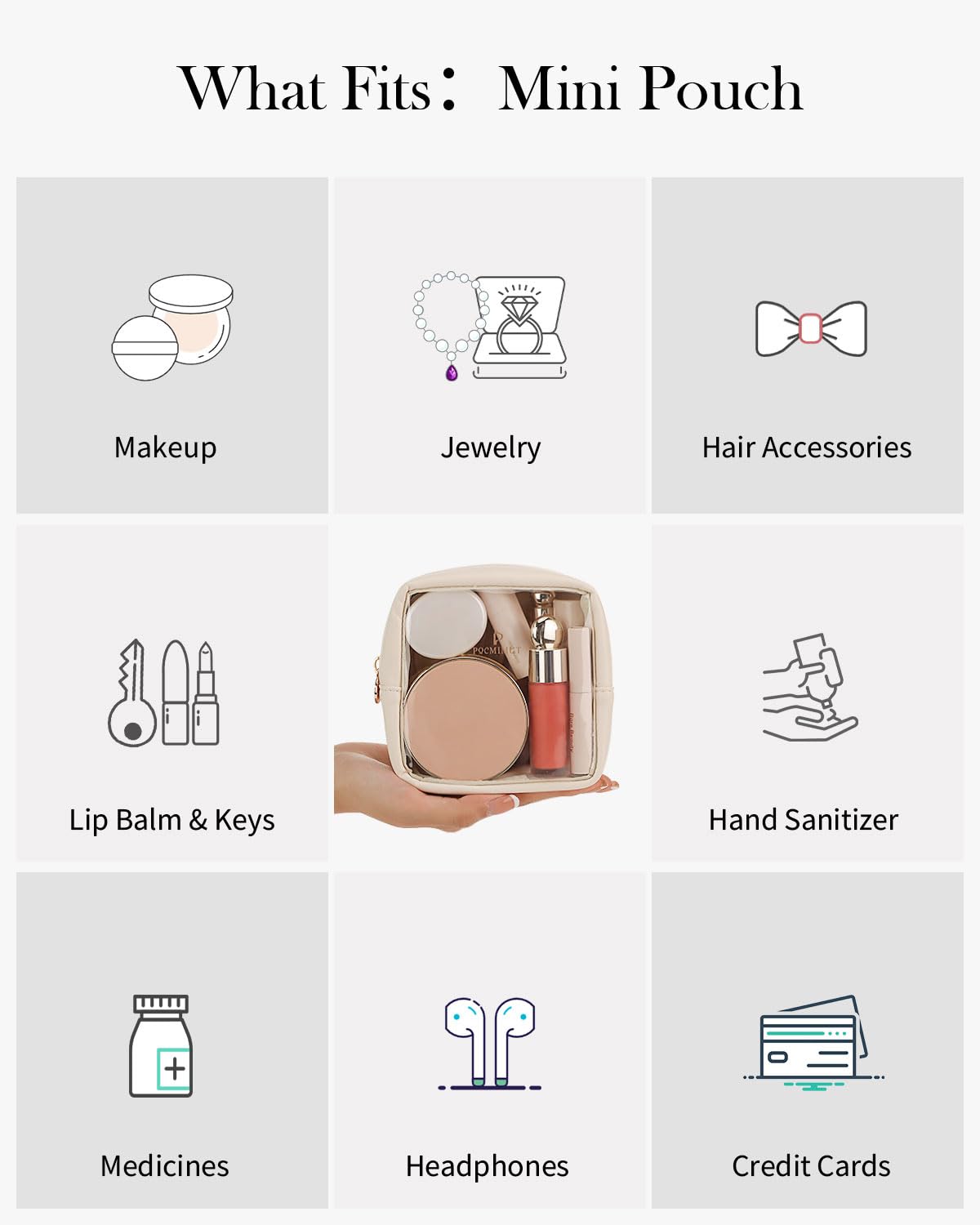 Pocmimut Mini Makeup Bag – Clear Travel Cosmetic Pouch, Toiletry Organizer for Women, Cute Purse & Car Accessories, Beige