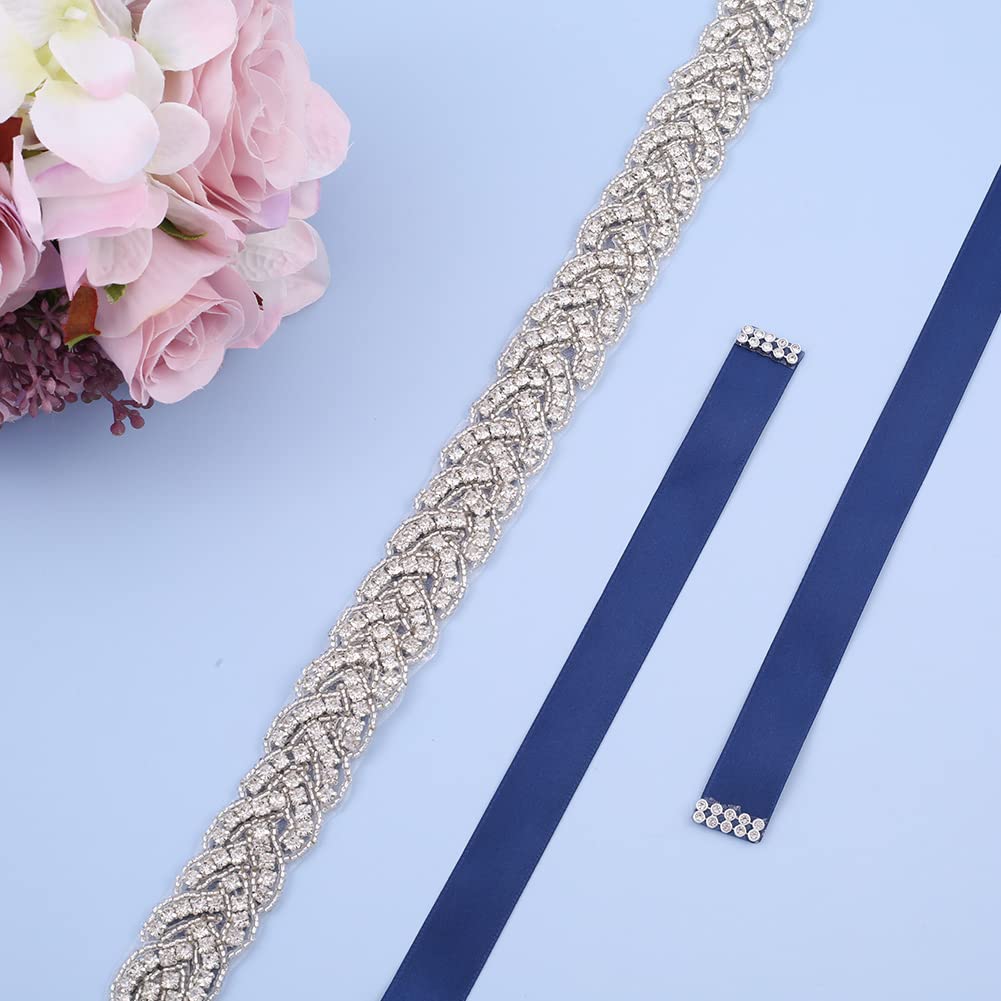 Jovbridsea Crystal Wedding Sash Belt with Rhinestone Bridal Belt Handmade Bridesmaid Belts for Dress (Sliver,Navy)