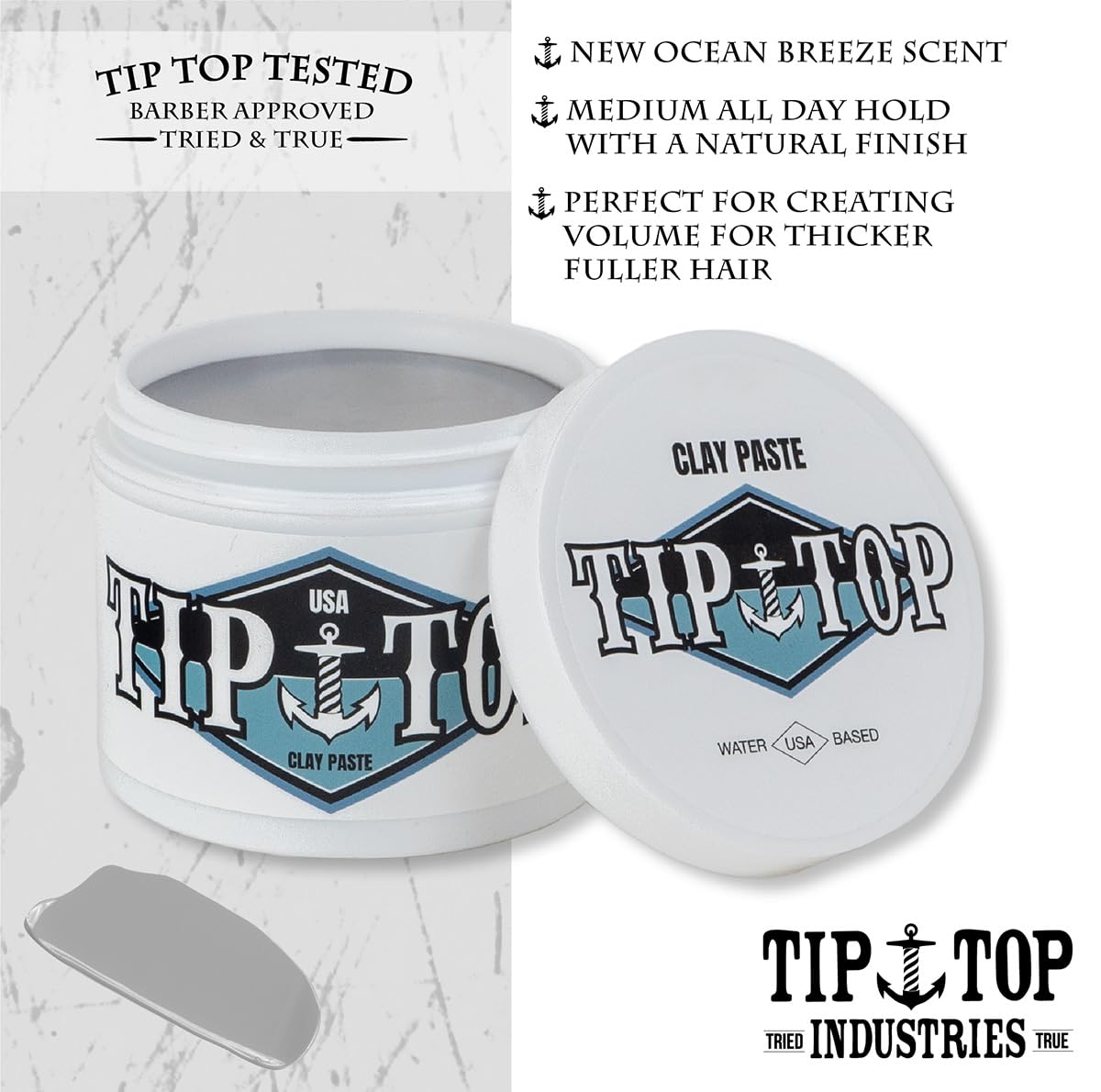 Tip Top Ocean Breeze Clay Paste - Volumizing Medium Hold, Natural Finish - Water Based Clay Pomade, Create Thicker Fuller Hair 4.25oz