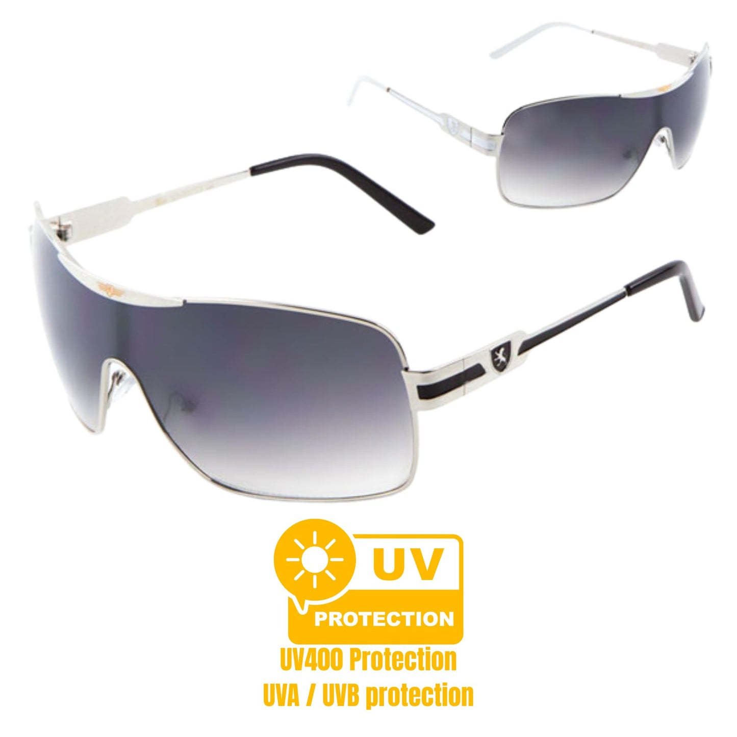 Khan Wrap Around Shield Aviator One Piece Gradient Lens Sunglasses (Silver & Black Frame, Black Gradient Lens)