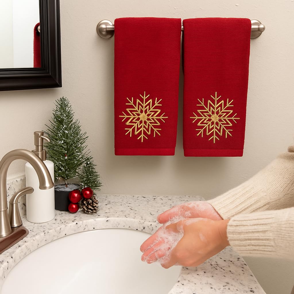 Serafina Home Christmas Hand Towel for Bathroom - Set of 2 Red 100% Cotton - 25 x 16 Embroidered Gold Snowflake Design - Bath & Kitchen Decor