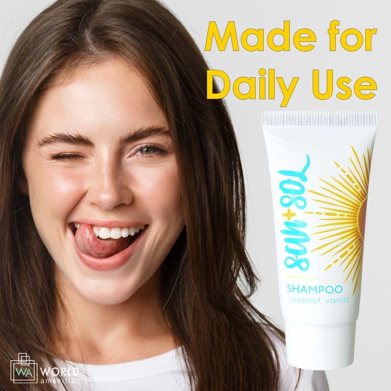 World Amenities - Sun + Sol Bulk Cleansing Shampoo with Warm Coconut & Vanilla Fragrances, Travel Size Toiletries, Mini Hotel Amenities, 0.7 Oz, 50