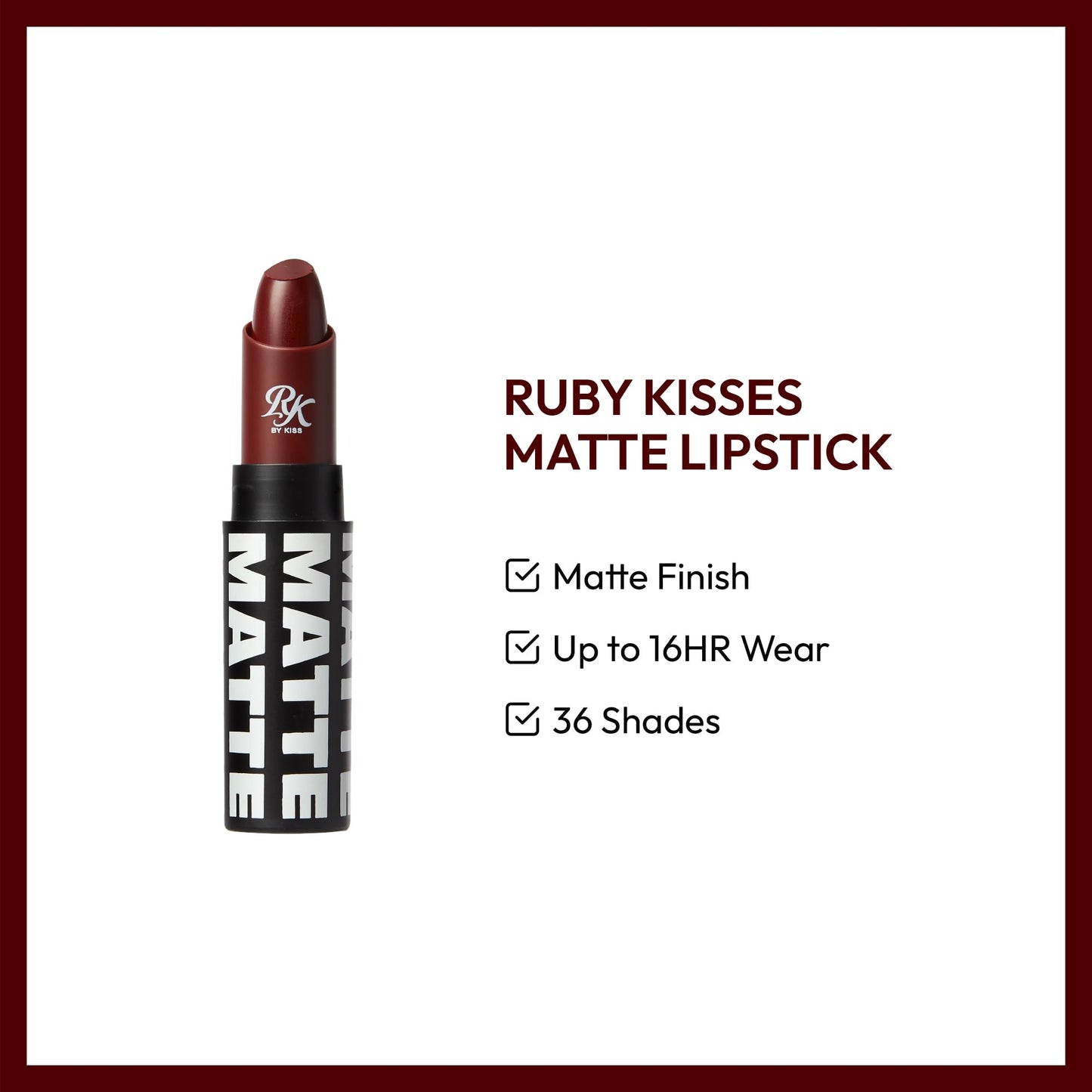 Ruby Kisses Lipstick, Matte Finish, Long-Lasting, Highly Pigmented, Smooth Apply, Full Coverage Lip Color Makeup (Sinful Red)