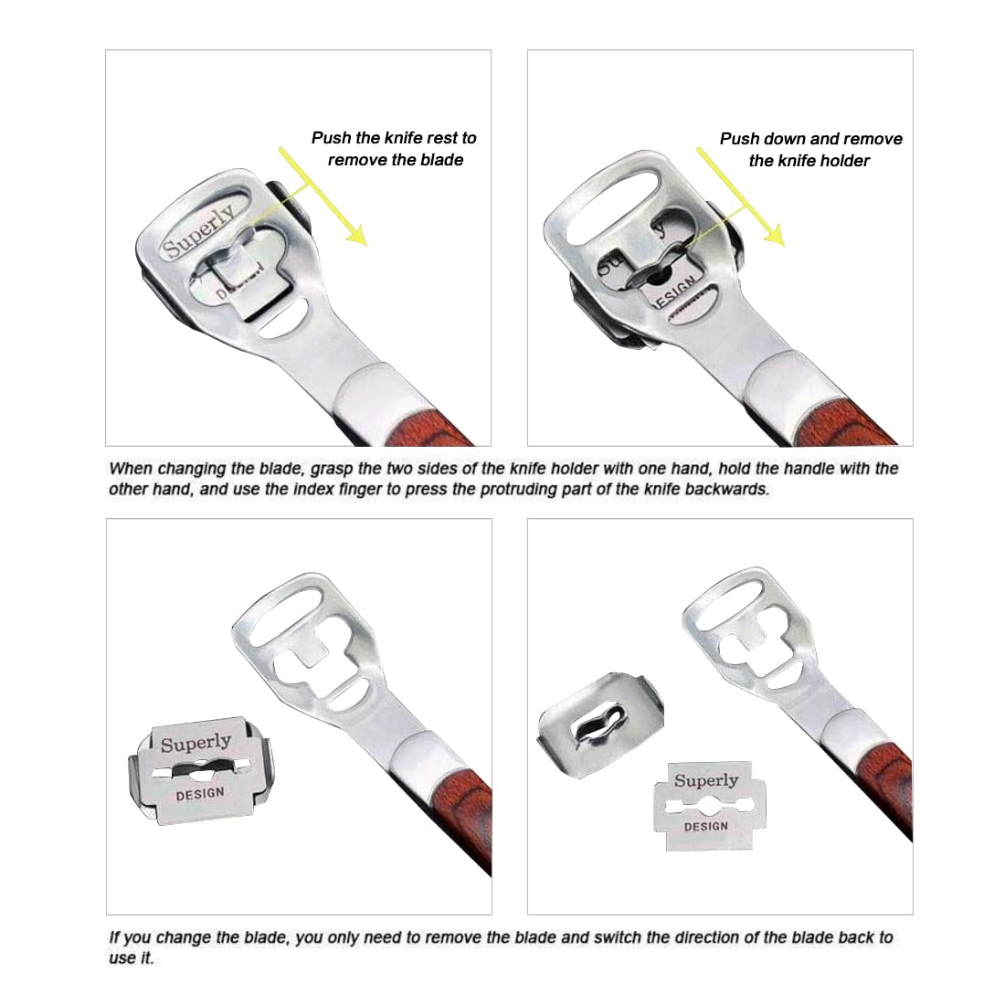 BEINY Stainless Steel Callus Shaver Pedicure Dead Hard Skin Remover Heel Razor Wooden Handle Cutter with Skin Rub & 10 Blades for Foot Care, Removing