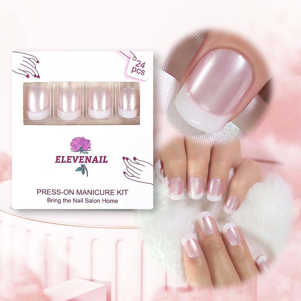 Elevenail Summer Nails Glossy Pearl Pink White French False Nails Short Squoval Press on Nails Fake Salon Manicure Faux Ongles Reusable Nail Art Tips