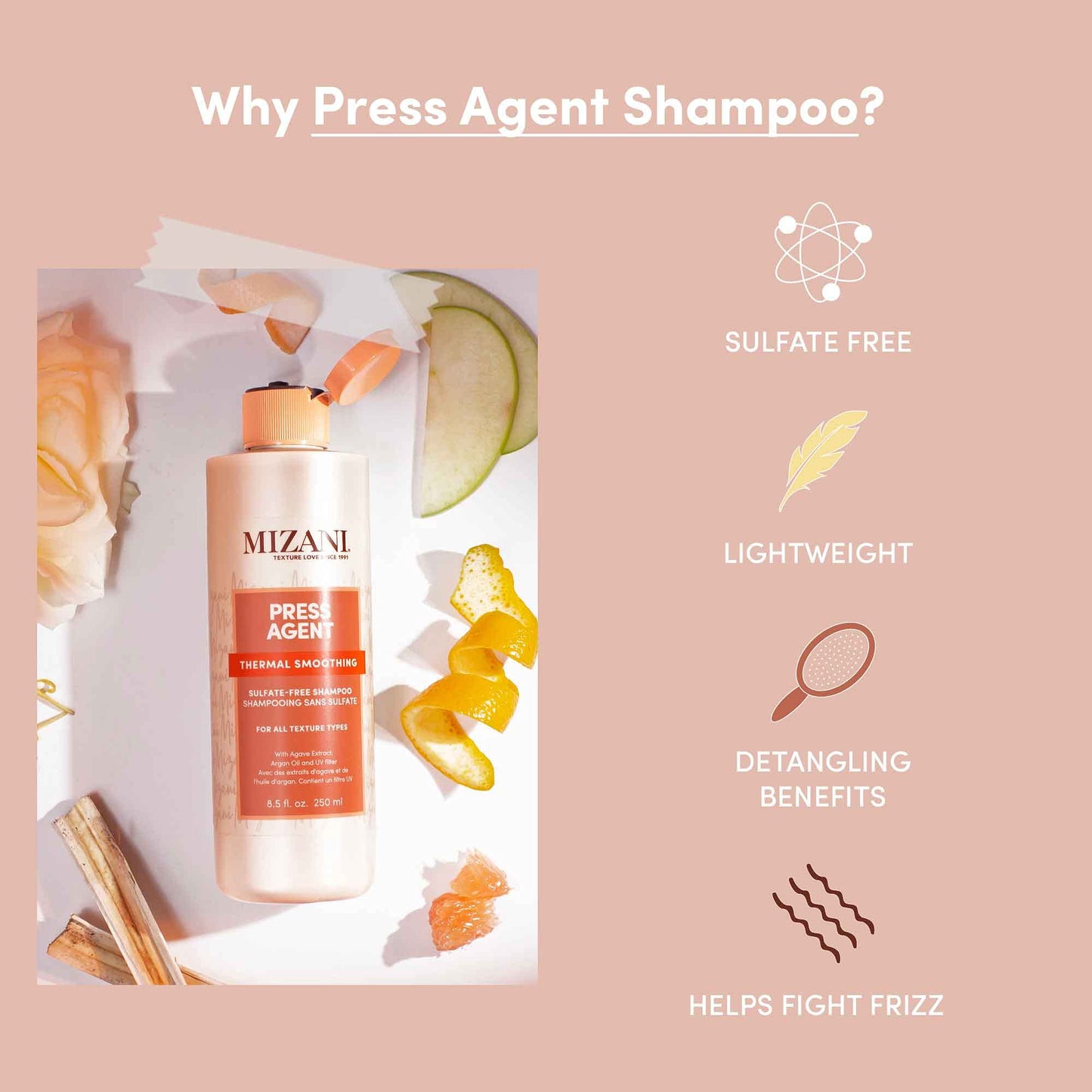 Mizani Press Agent Thermal Smoothing Sulfate-Free Shampoo, Pink Grapefruit, juciy Mandarin with a floral medley of Jasmine, Rose & Freesia, ending