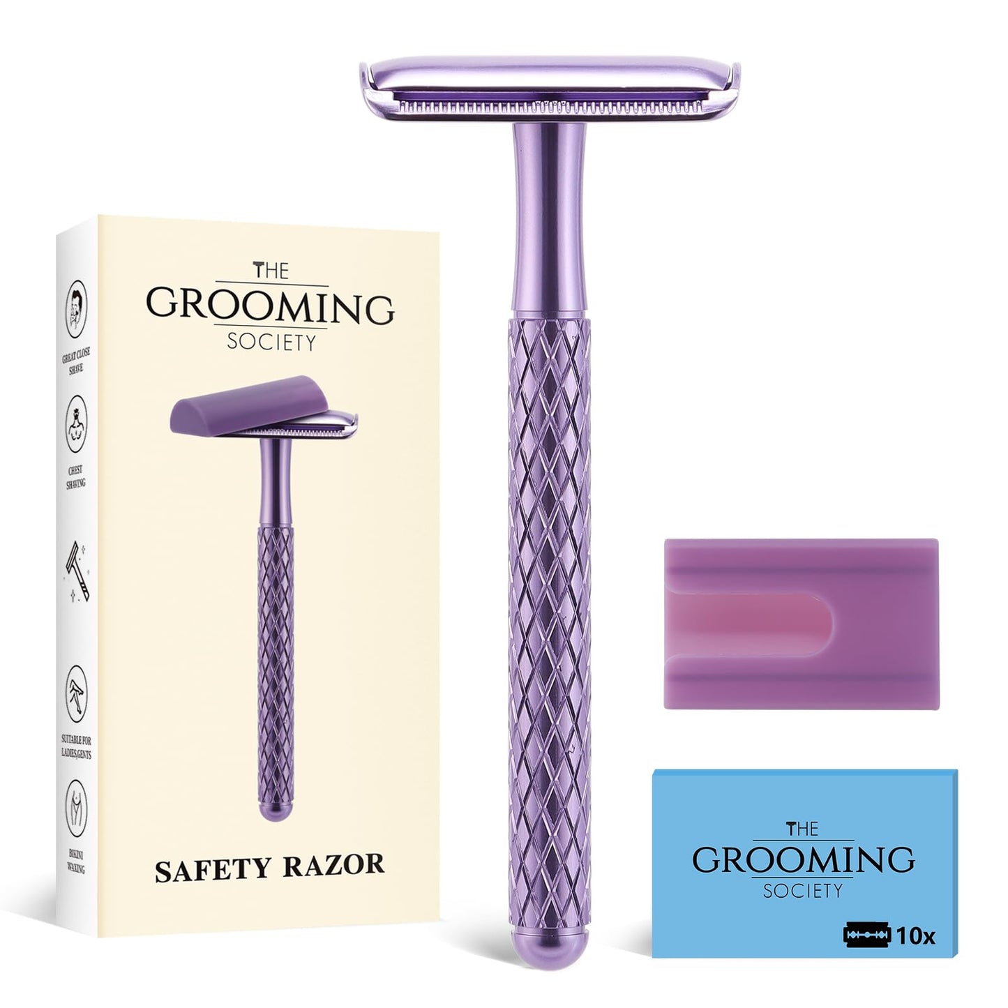 The Grooming Society Double Edge Safety Razor for Women Purple with 10 Blades and Silicone Cover - Durable Metal Eco-Friendly Single Blade Razor Beauty and Personal Care THE GROOMING SOCIETY Default Title