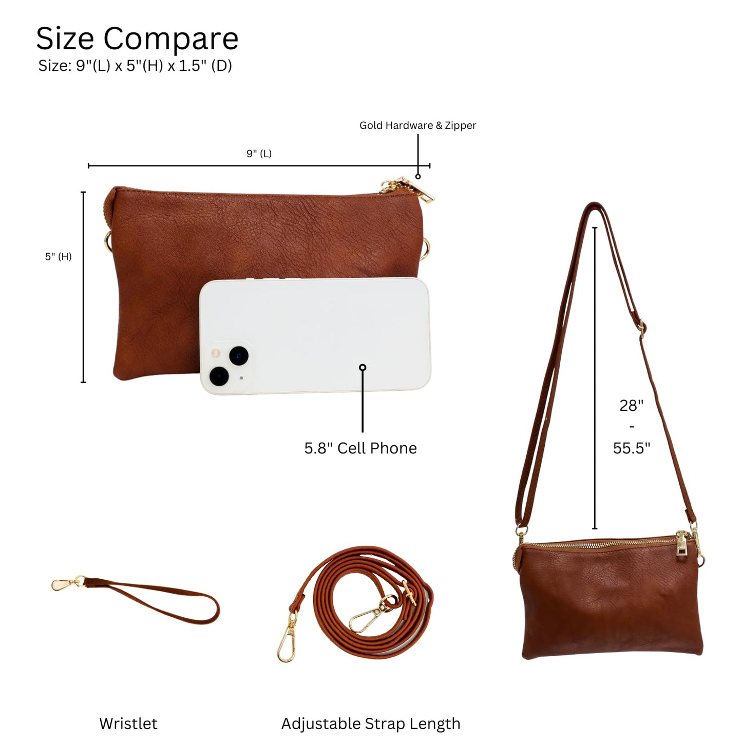 JEN & CO. Riley Small Crossbody Bags for Women Vegan Leather Wristlet Clutch Wallet Purses Handbags with 2 Straps (Black)