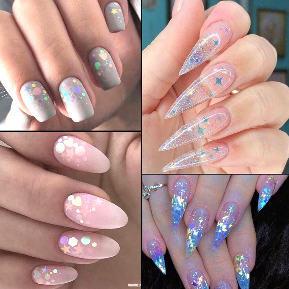 UARUOGP 24 Grids Holographic Nail Sequins and 1 Pcs Tweezers,Iridescent Mermaid Flakes Ultra-Thin Colorful Flakes Glitter Sticker,DIY Face Body Eyes