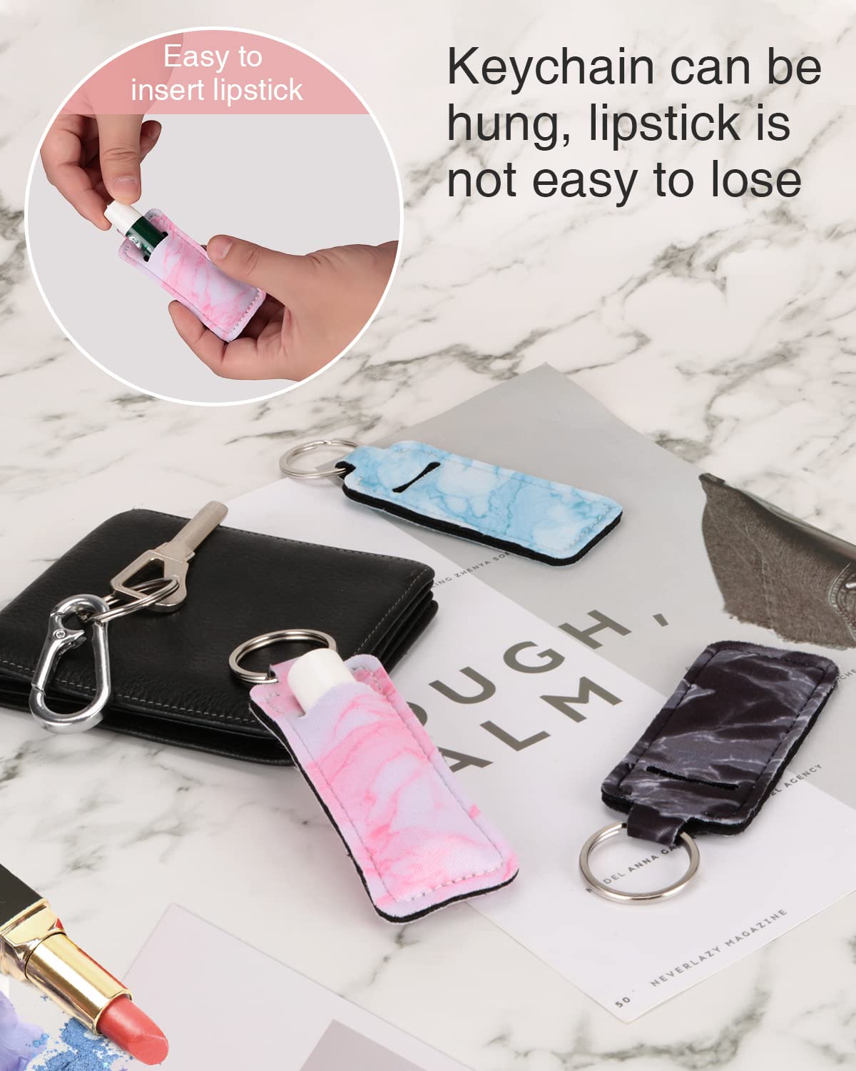 Meiiy Chapstick Holder Lip balm Holder Lipstick Sleeve Pouch Lip Gloss Holder With Hook 3 Pcs Marble Stocking Stuffers Gift for Women (3pcs)