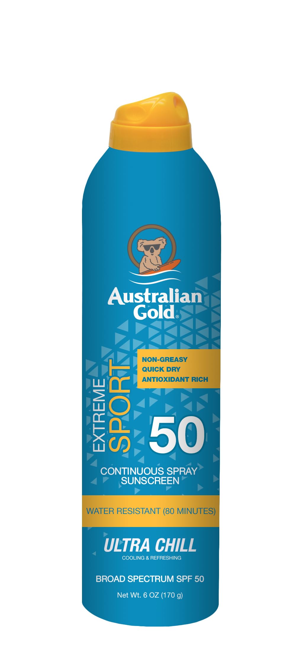 Australian Gold Extreme Sport Continuous Spray Sunscreen SPF 50 (Broad Spectrum/Sweat & Water Resistant/Non-Greasy), Sport - New, Coastal Breeze, 6 Oz
