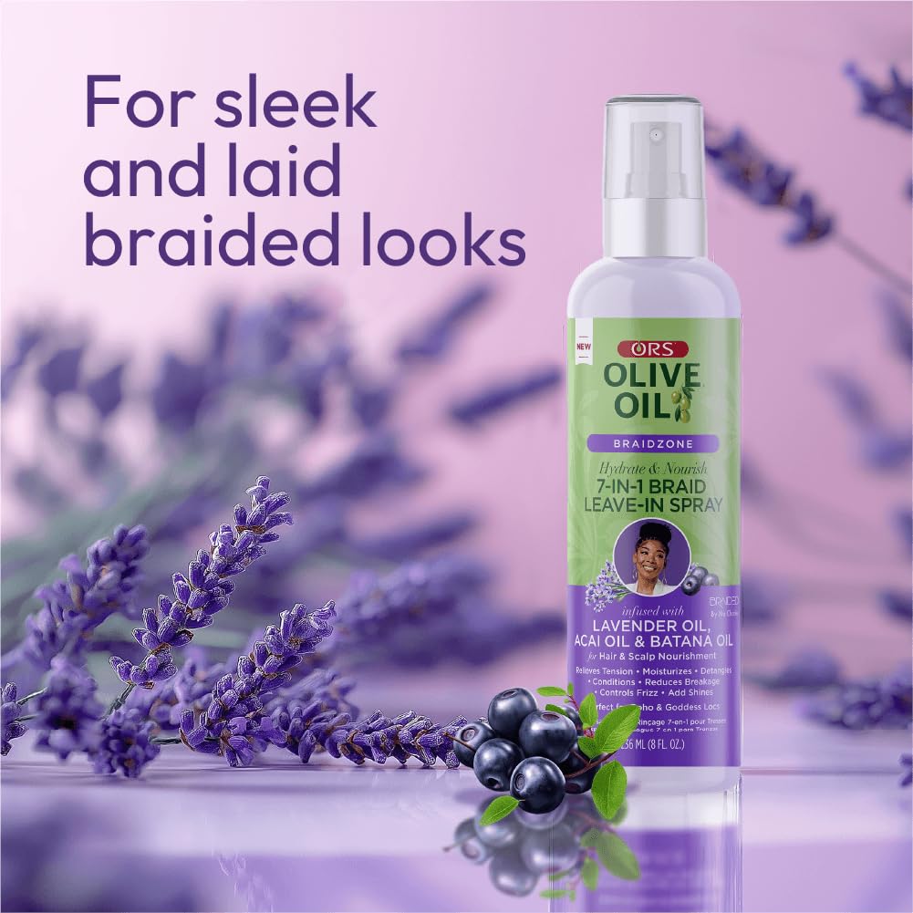 ORS Olive Oil Braidzone 7-In-1 Braid Leave-In Spray with Lavender, Acai & Batana Oil for Hair & Scalp Nourishment 8 Ounces