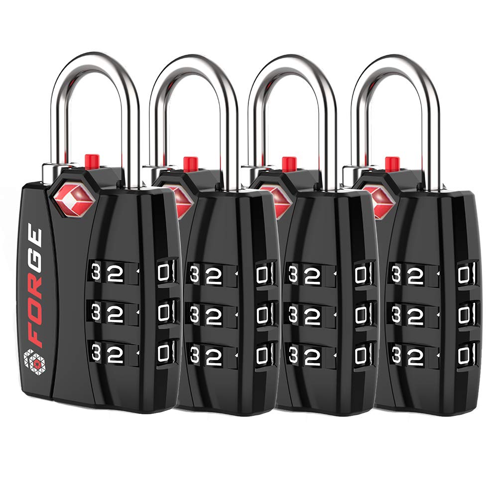 Forge TSA Luggage Combination Lock - Open Alert Indicator, Easy Read Dials, Alloy Body- Ideal for Travel, Lockers, Bags (Black 4PK)