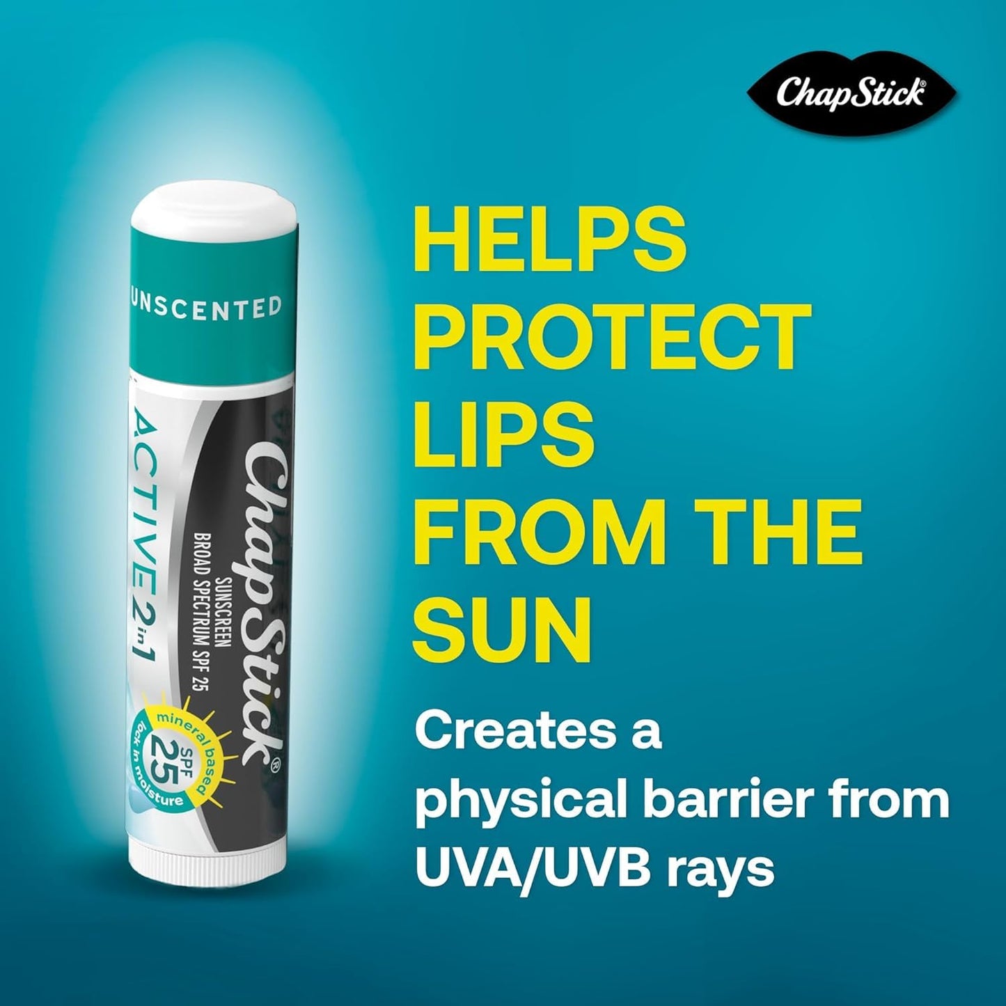 ChapStick Lip Sunscreen Active 2-in-1 Unscented Lip Balm with SPF 25, 0.15 Oz Ea