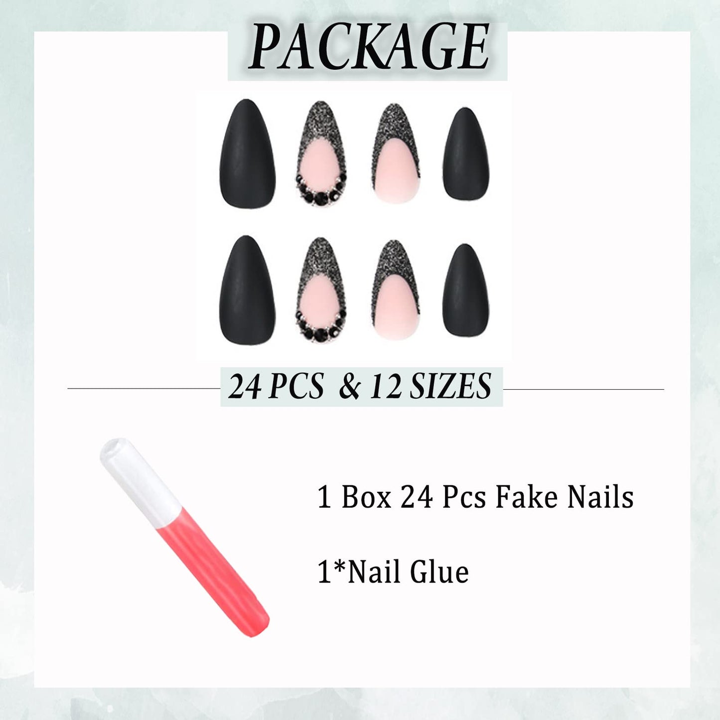 IMSOHOT Medium Press on Nails Almond Matte Black Fake Nails French Tips Acrylic False Nails with Rhinestone Designs