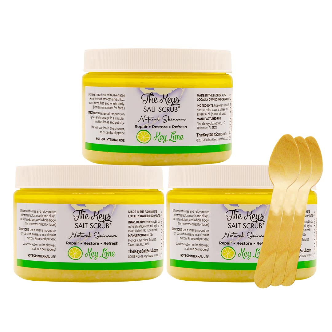 The Keys Salt Scrub -Sea Salt Scrub - Exfoliating Body Scrub with Wooden Spoon - Moisturizing Exfoliator for Hands, Foot, Bath, (12 Ounce (Pack of 3)