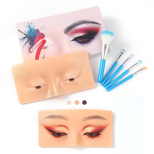 Bueuo Makeup Practice Face Board, 3D Reusable Silicone Make up Mannequin Face with 5PCS Makeup Brush, Eye Make up Practice Board for Beginner or
