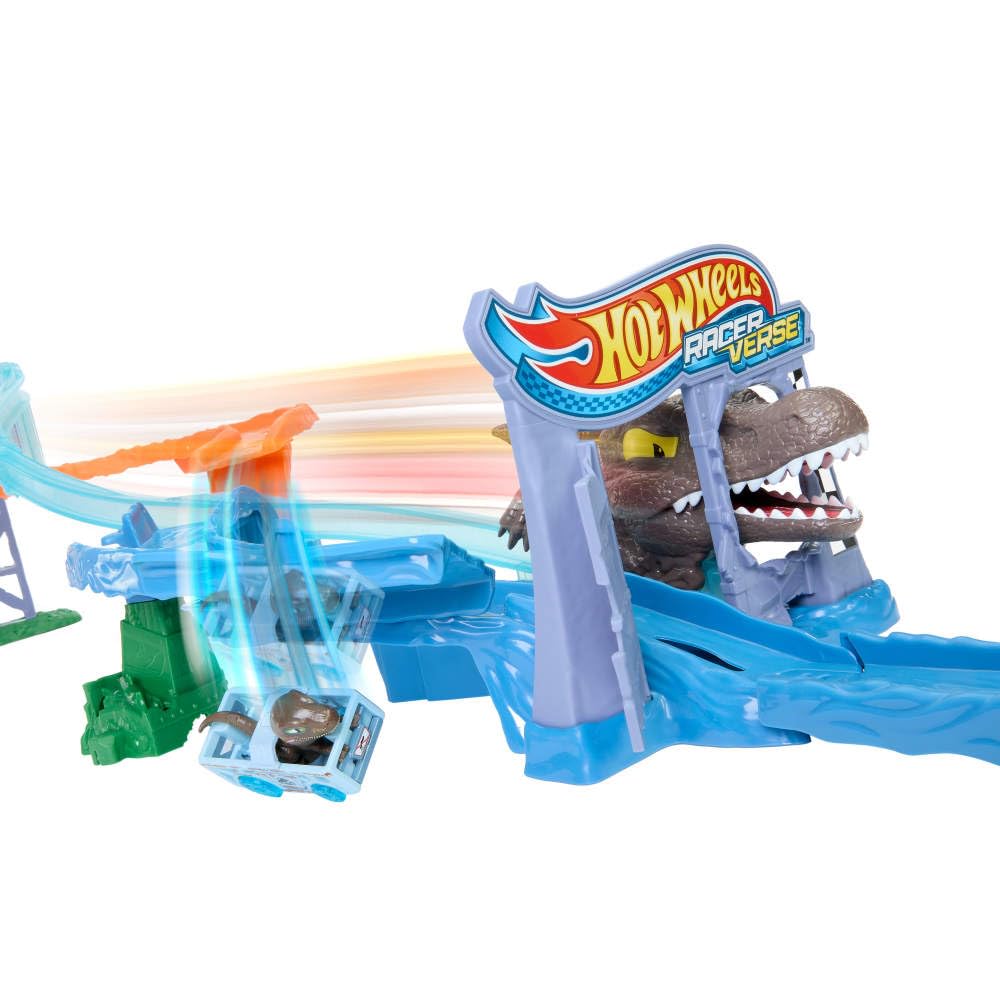 Hot Wheels Toy Car Track Set, RacerVerse Jurassic World Crash & Splash Playset with Die-Cast Velociraptor Vehicle, Dinosaur Race with Spinosaurus
