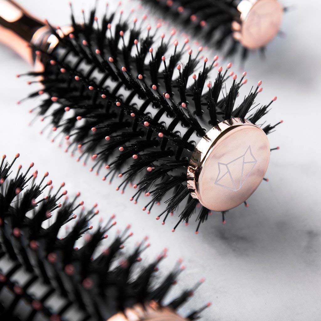 FoxyBae Hair Brush Set - Round Detangler for All Hair Types - Professional Volumizer & Styling Brushes with Vented Barrel - Boar & Nylon Bristles