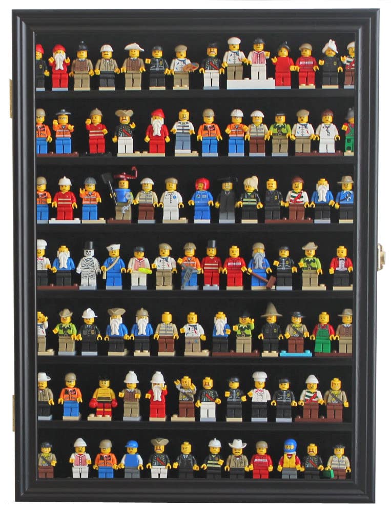 Minifigure Display Case – Lockable Wall Cabinet with UV Protection Door for Mini Collectibles, Building Block Toys & Mini Brands (Black)