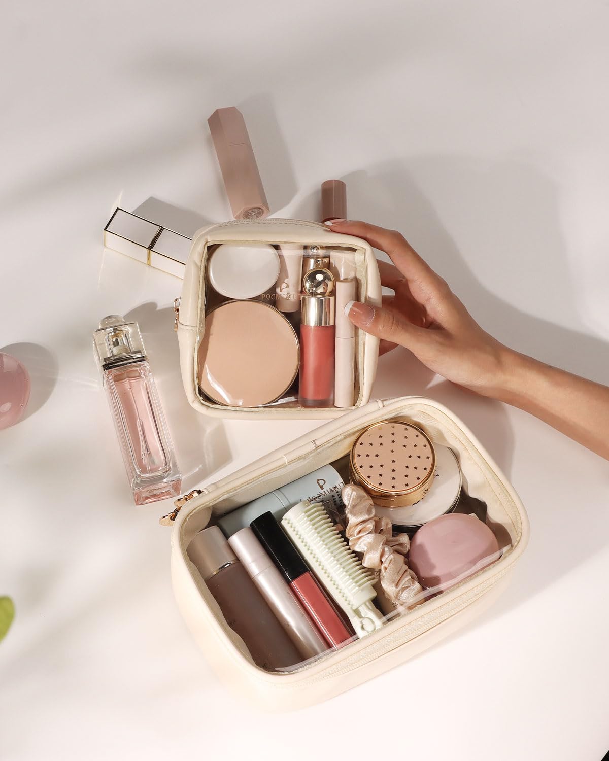 Pocmimut Mini Makeup Bag – Clear Travel Cosmetic Pouch, Toiletry Organizer for Women, Cute Purse & Car Accessories, Beige