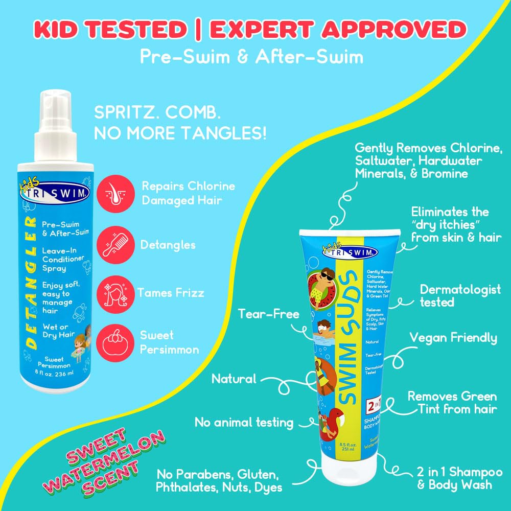 TRISWIM Kids Swim Care Bundle | Swim Suds 2-in-1 Shampoo & Body Wash 8.5 oz + Detangler Leave-In Conditioner Spray 8 oz | Tear-Free Chlorine