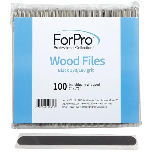 ForPro Professional Collection Wood Nail File, Black, 180/180 Grit, Double-Sided Manicure & Pedicure Nail Files, 7” L x .75“ W, Individually-Wrapped