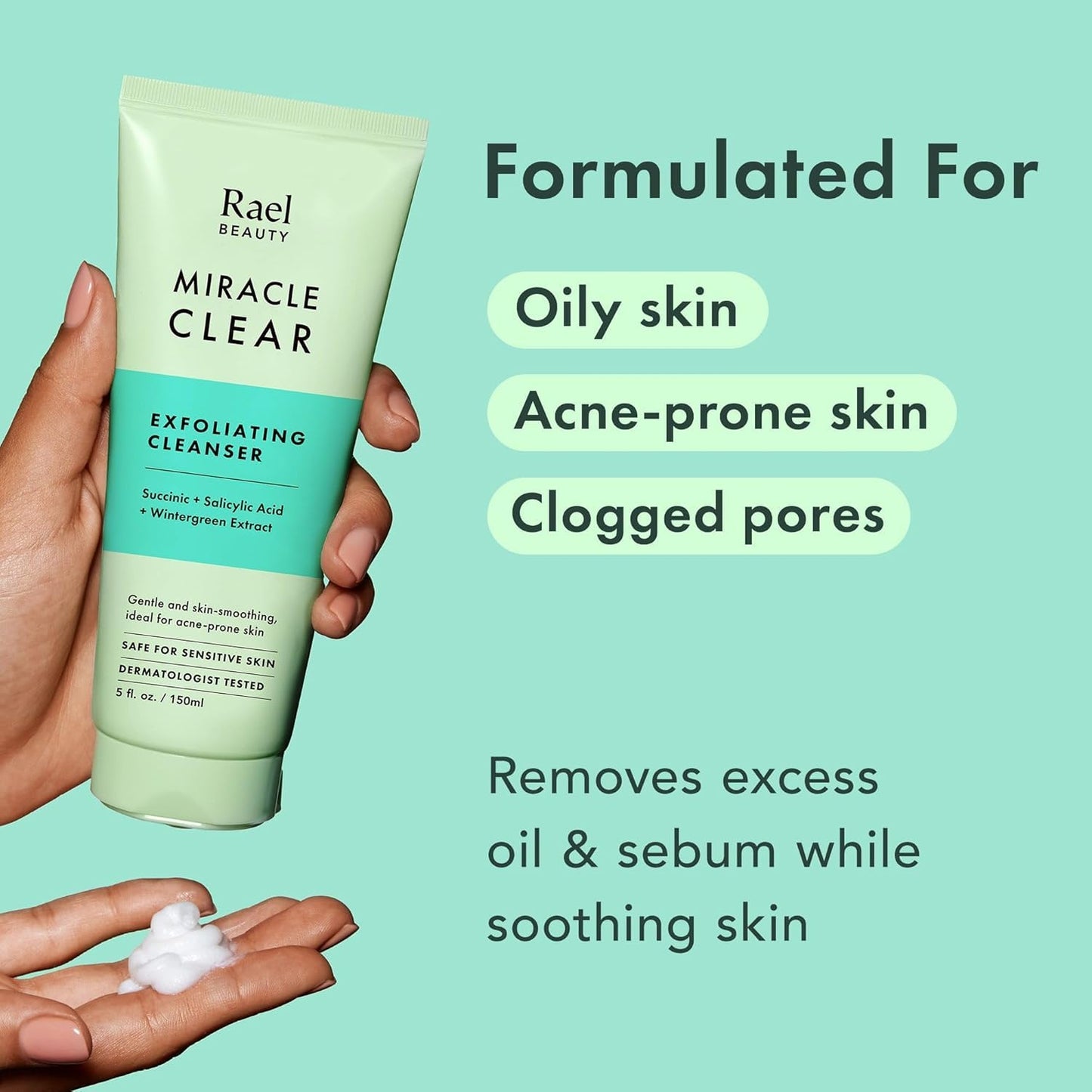 Rael Miracle Clear Face Wash 5 oz – Gentle Exfoliating Cleanser with Succinic Acid & Minerals, Hydrating Daily Formula for Acne-Prone & Sensitive Skin