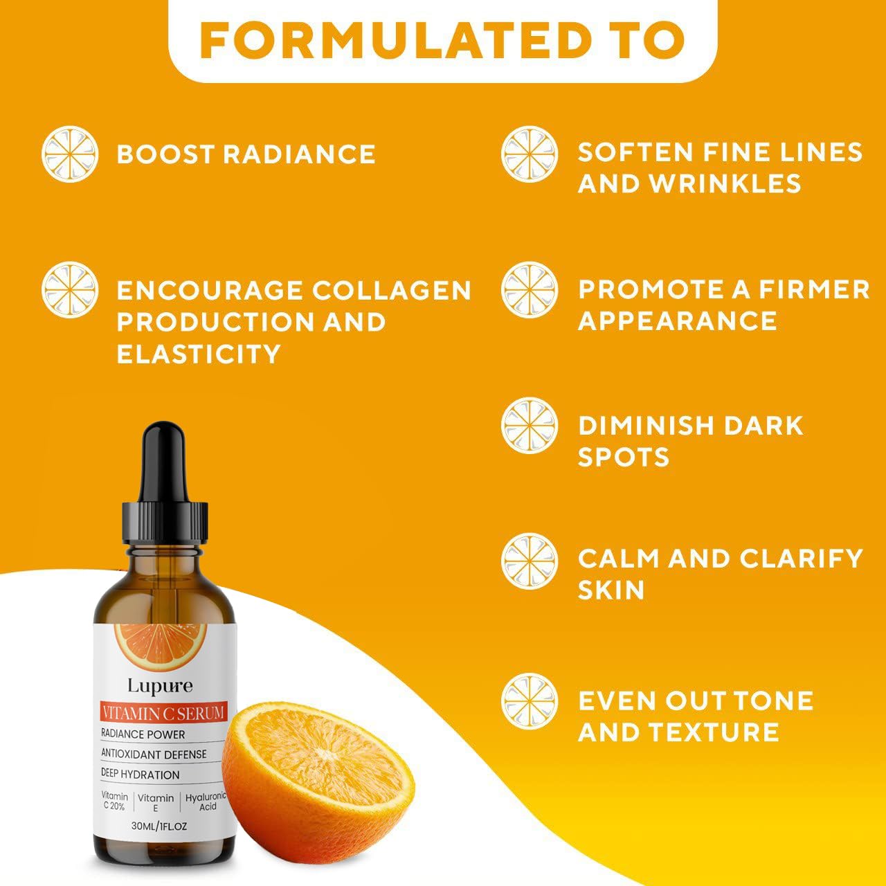 Lupure Professional Vitamin C Face Serum 20%, Anti Aging Facial Super Vit C Serum with Ascorbic Acid Hyaluronic Acid & Vitamin E for Dark Spots, Skin