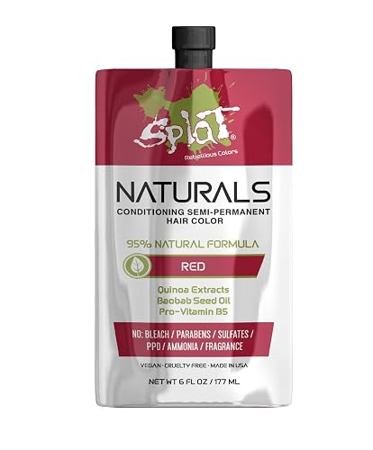 Splat Naturals Semi-Permanent Hair Color, Red, 6 fl. oz., 95% Natural Hair Dye Formula Lasts Up to 30 Washes, Vegan & Cruelty-Free