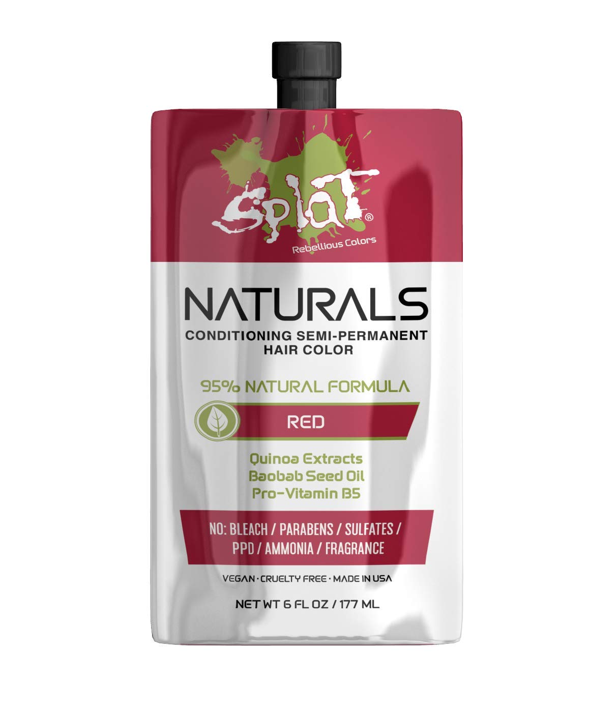 Splat Naturals Semi-Permanent Hair Color, Red, 6 fl. oz., 95% Natural Hair Dye Formula Lasts Up to 30 Washes, Vegan & Cruelty-Free