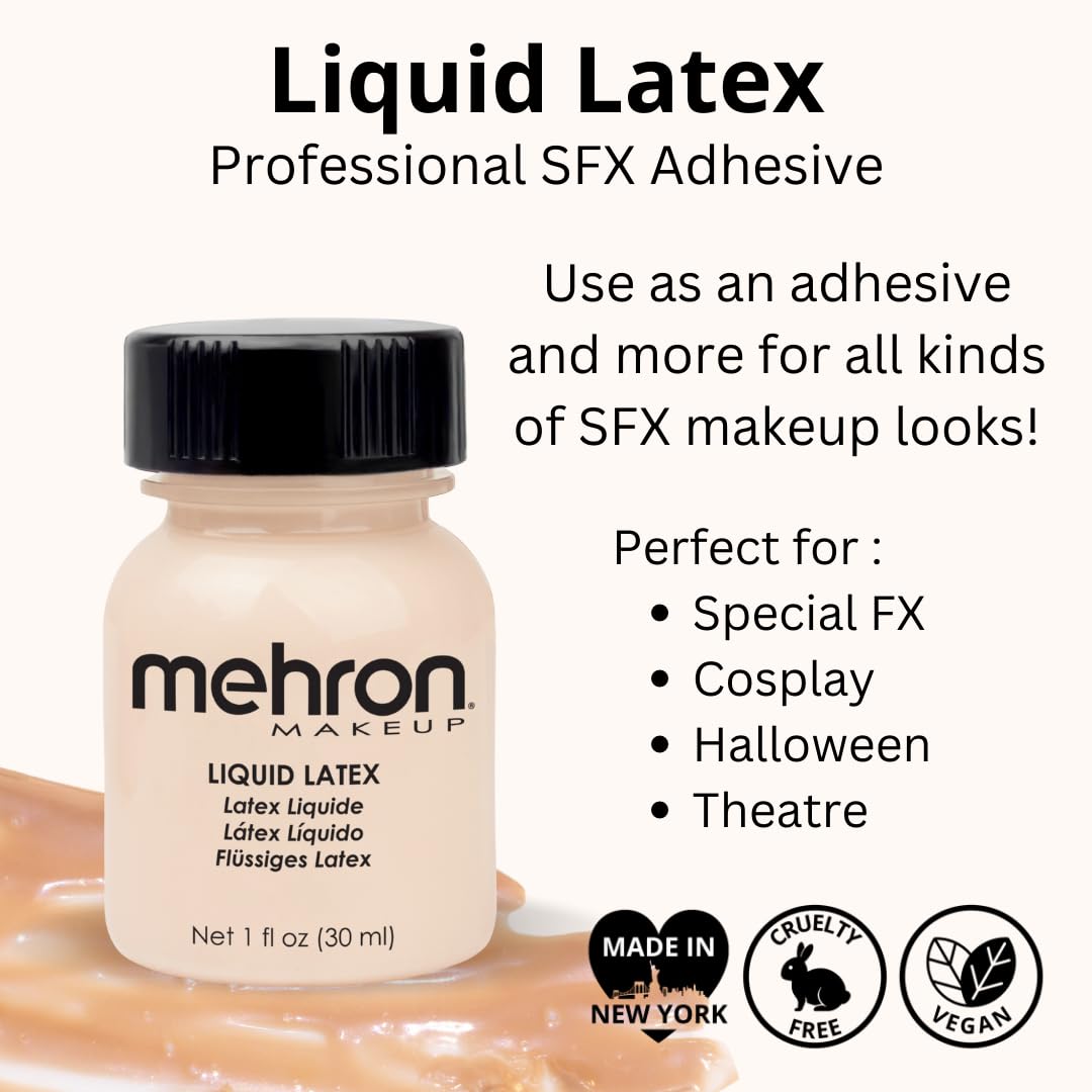 Mehron Makeup Liquid Latex | SFX Makeup | Halloween | Latex Glue for Skin | Special FX Prosthetic Glue 1 fl oz (30 ml) (Light Flesh) | Made in the USA