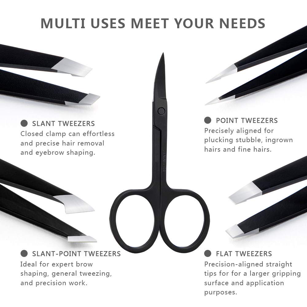Tweezers Set 5-Piece - Professional Stainless Steel Tweezers with Curved Scissors, Best Precision Tweezer for Eyebrows, Splinter & Ingrown Hair