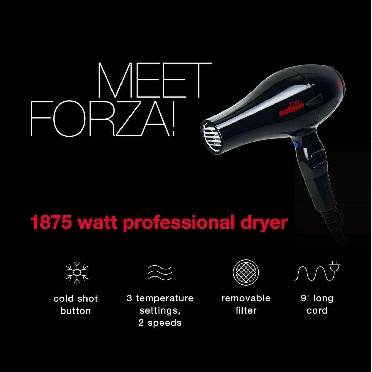 Solano Forza Ultra-Fast Ionic Far Infrared Hair Dryer | Eliminate Frizz + Enhances Volume | 1875 Watt + Tourmaline + Internal Silencer | Italian-Made