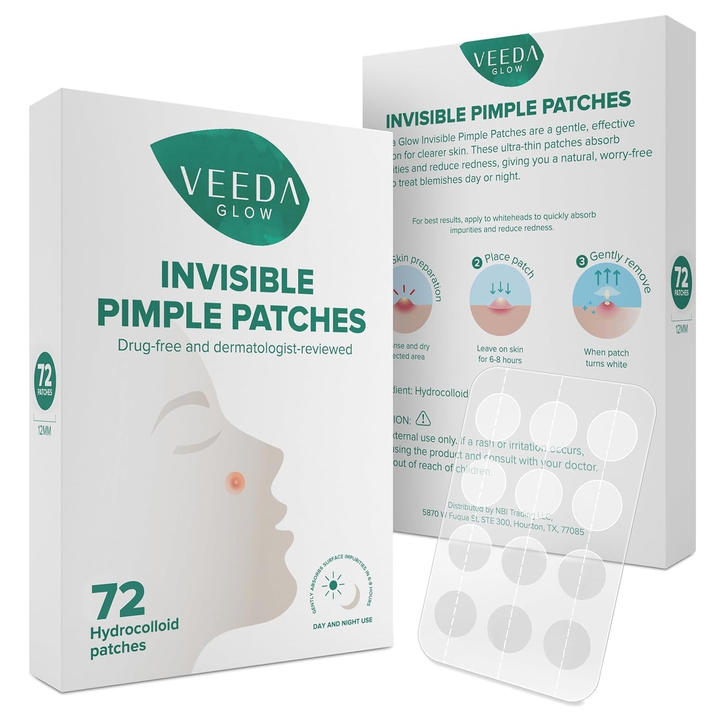 Veeda Glow Pimple Patches - Hydrocolloid Acne Stickers for Fast Healing, Invisible & Non-Irritating Zit Covers, Blemish Spot Treatment, 72 Count