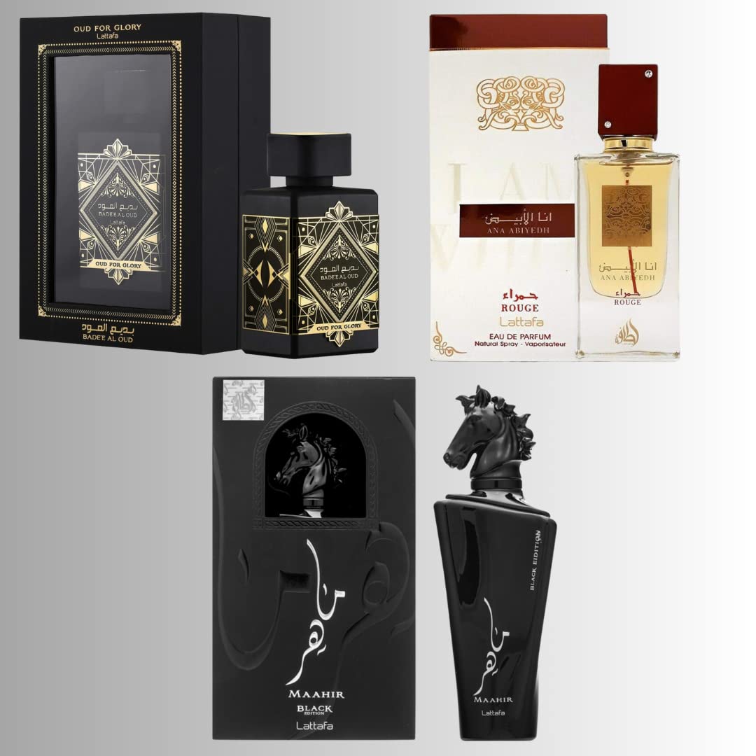 Lattafa Perfumes Bade'e Al Oud For Glory, Maahir Black & Ana Abiyedh Rouge EDP-100ml(3.4 oz)