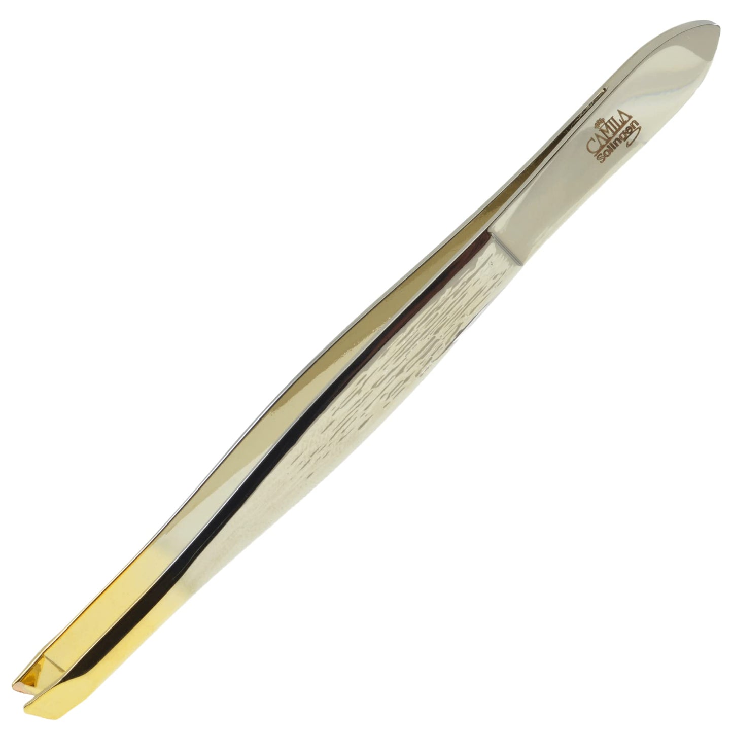 Camila Solingen CS29 3 1/2" Gold Tipped, Surgical Grade, German Stainless Steel Tweezers (Slanted) - Flawless Eyebrow and Facial Hair Shaping