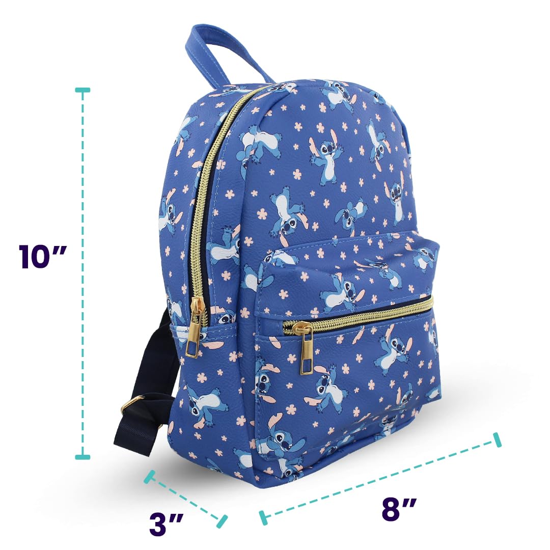 Disney Stitch with Flowers Mini PU Leather Backpack Purse with Adjustable Straps 10 In