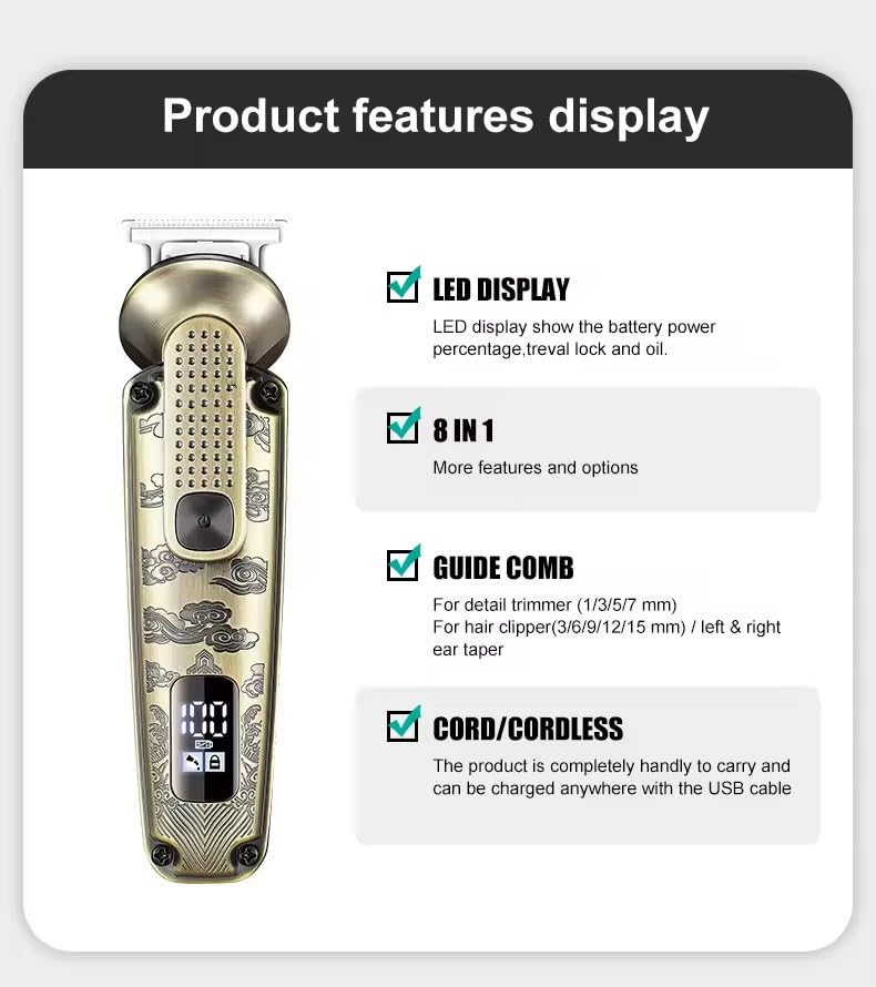 GLESVOWIO 8-in-1 Professional Hair Clipper Set Multifunctional Intelligent LED Digital Electric Razor for Nose Body Face & Mustache Cordless Body Beauty and Personal Care GLESVOWIO