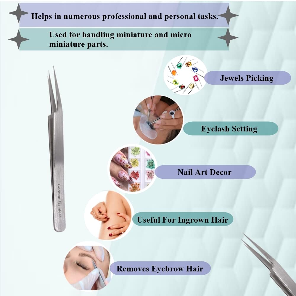 Professional Eyelash Tweezers Sharp, Needle Nose, Stainless Steel, Tweezers Precision Pluckers 4.75" with Fine Precision Tips for Facial Hair Beauty and Personal Care HIGH TECH INSTRUMENTS