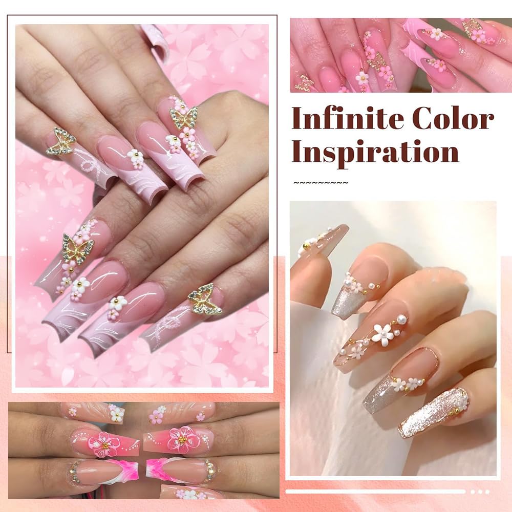 3D Flower Nail Charms, 2 Boxes 3D Acrylic Flower Nail Art Charms and Gems White Pink Mixed Cherry Blossom Spring Rhinestones Acrylic Nail Supplies