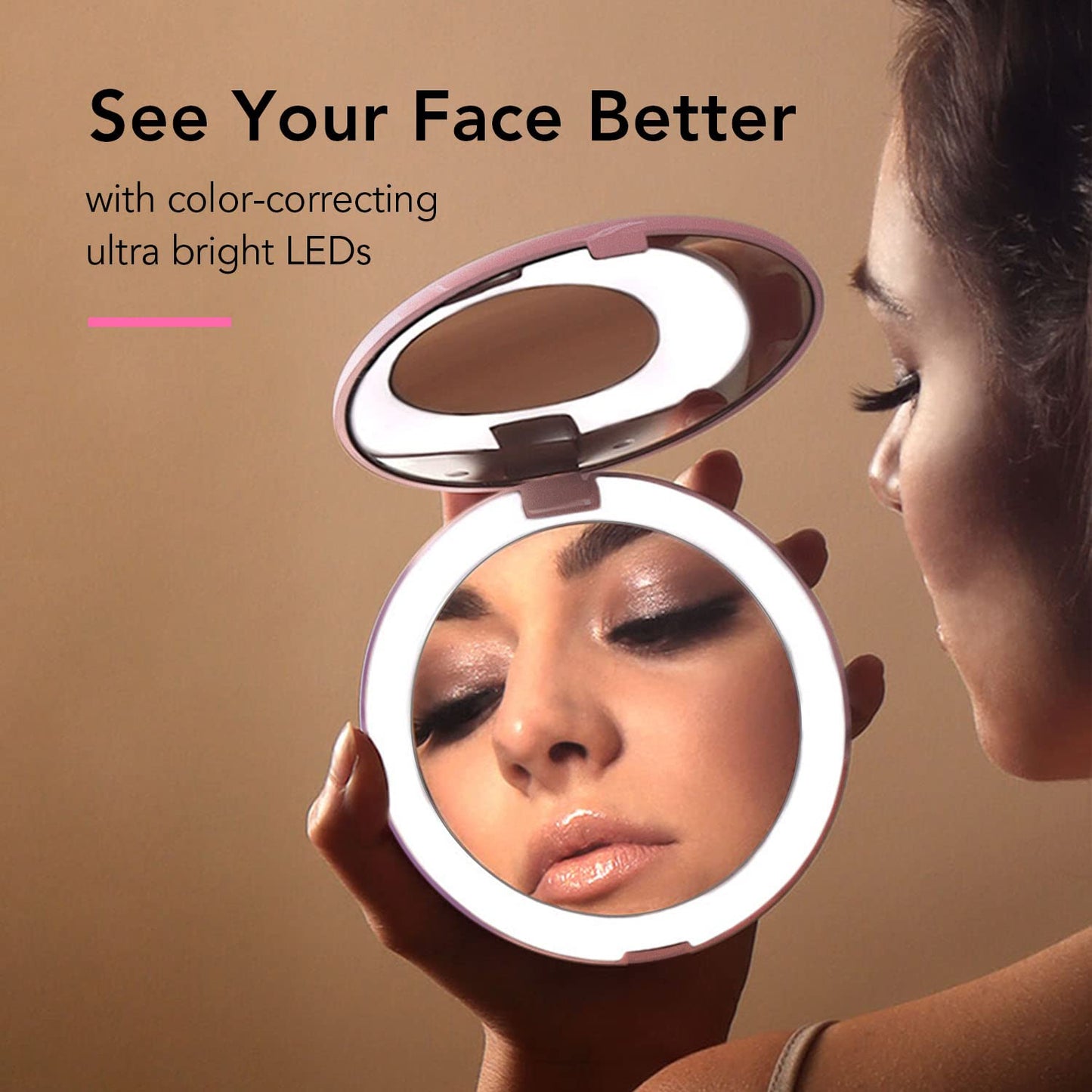 Fancii Taylor LED Lighted Travel Makeup Mirror, Rechargeable with 10x/1x Magnifying & 3 Light Settings - Compact, Portable, Large 5” Wide Hand Mirror