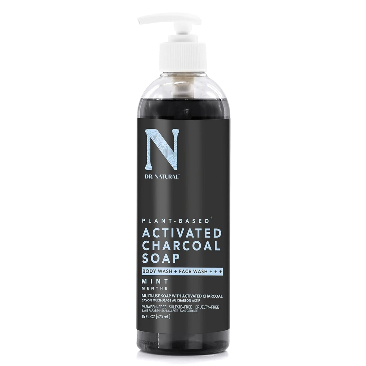 Dr. Natural Activated Charcoal Liquid Soap - Combat Acne and Blemishes - Deep Cleansing Body Wash - Gentle Body Soap for Clear Skin - Mint - 16 oz..