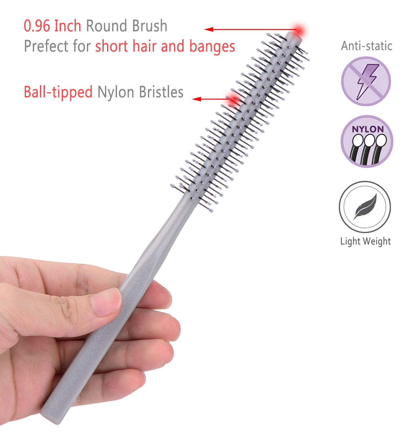 PERFEHAIR Small Mini Plastic Round Hair Styling Brush with Nylon Bristle for Short Hair Blow Drying, 1 Inch Diameter Barrel